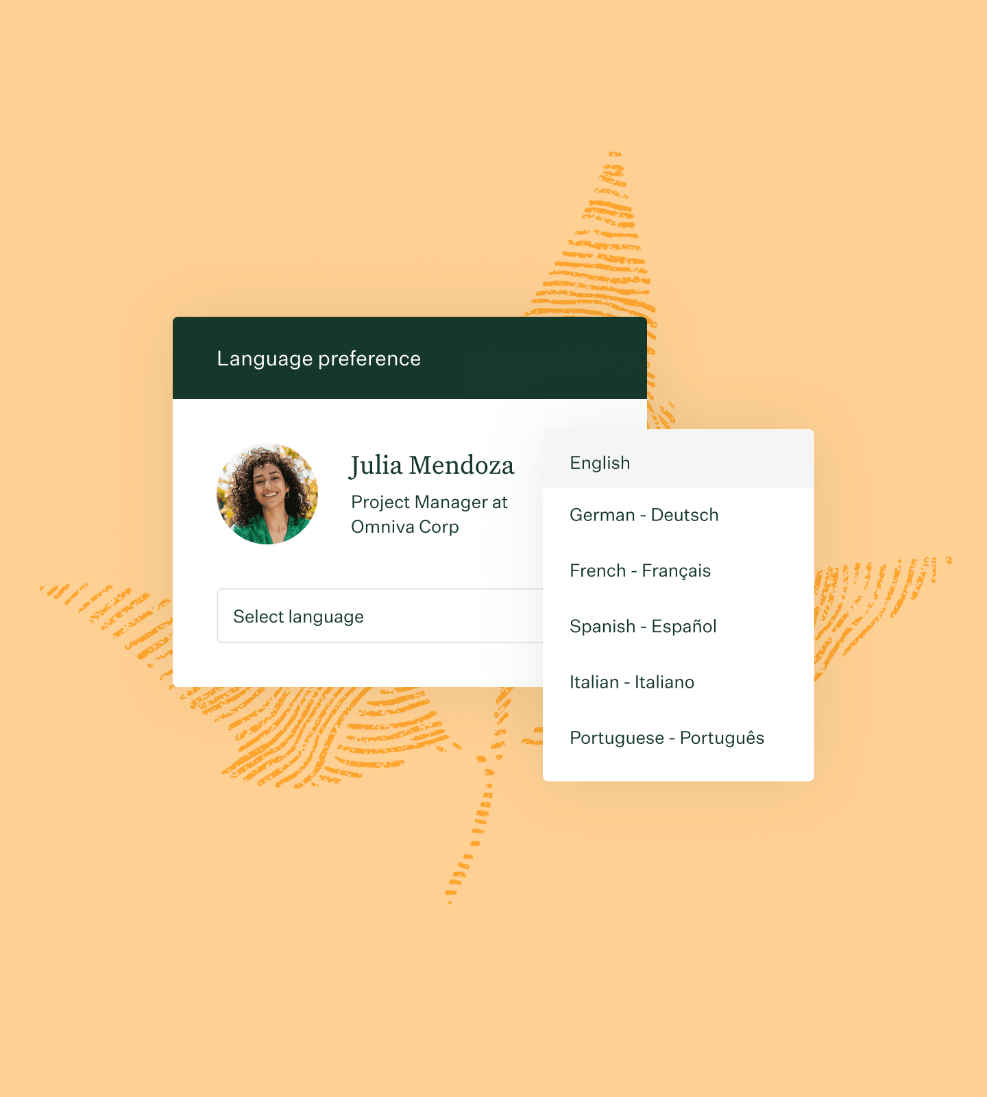Collage of languague preference ui and fingerprint leaf with marigold background