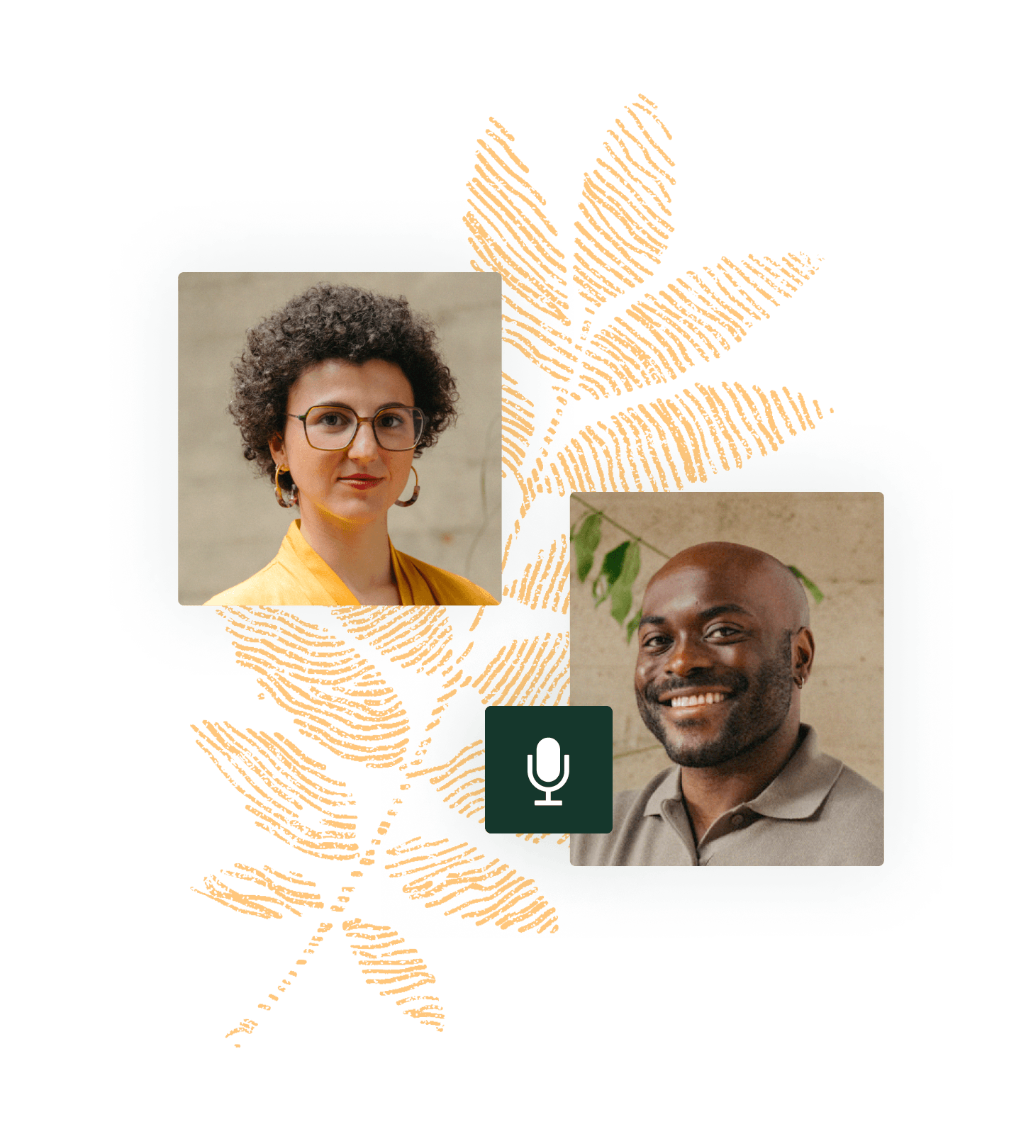 Collage of two coworkers with microphone icon and marigold fingerprint leaf