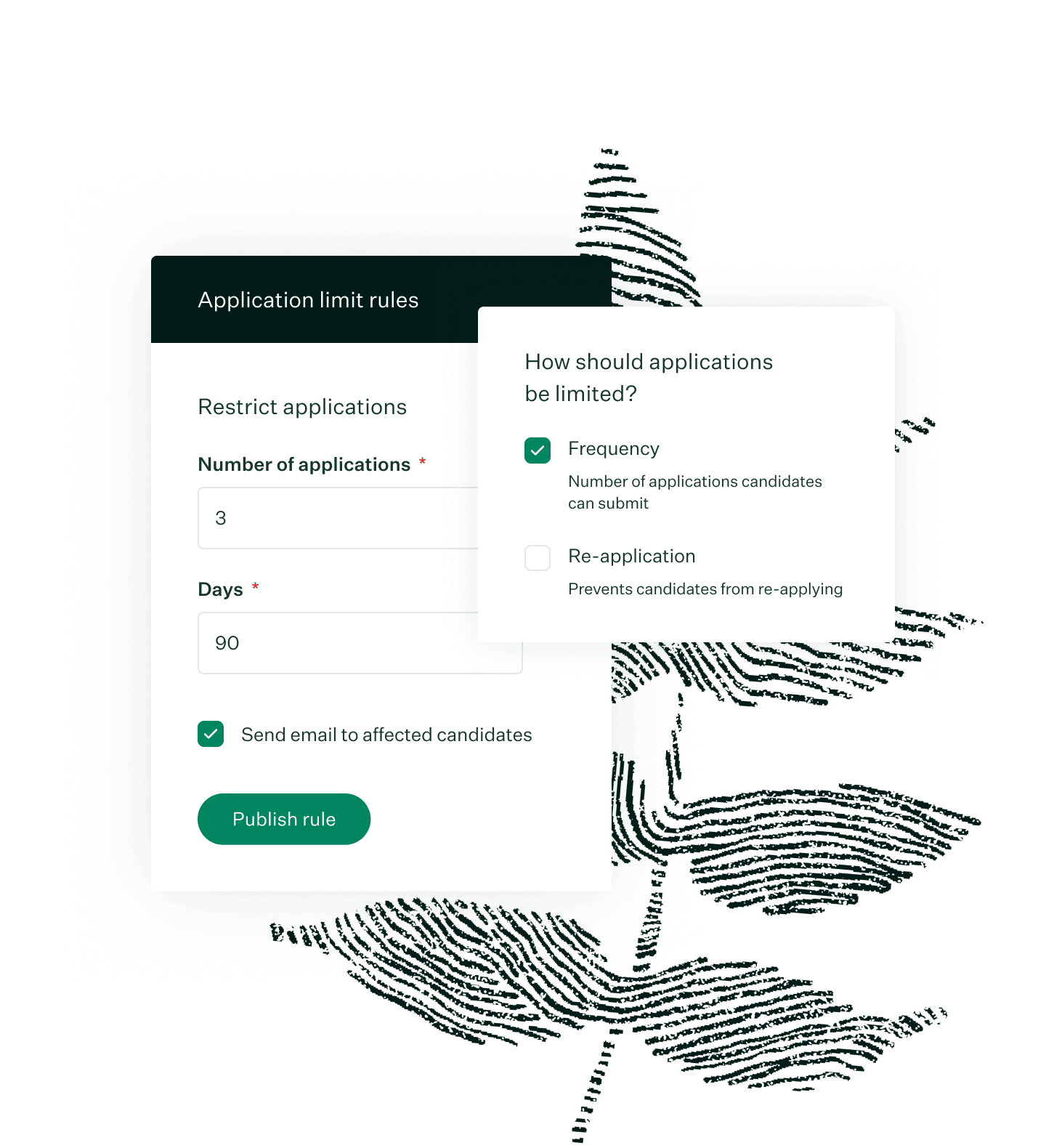 Greenhouse application limit rules product illustration with evergreen fingerprint leaf