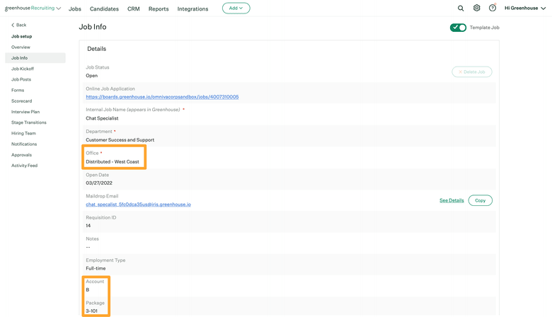 To configure a requisition, navigate to the Job Info panel (Job > Job Setup > Job Info).
Verify that an office, Account, and Package are selected for the job.
